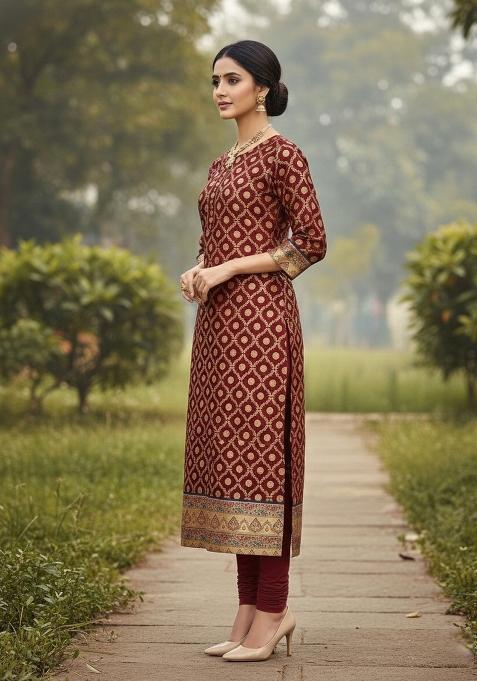 Maroon Zari Woven Silk Dress Material