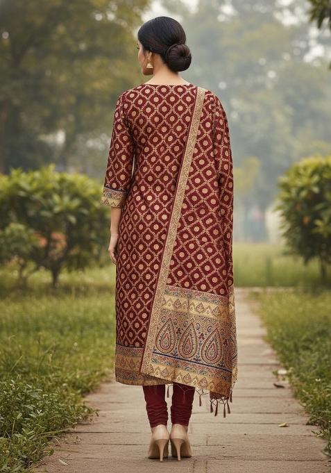 Maroon Zari Woven Silk Dress Material