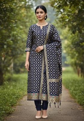 Dark Blue Zari Woven Silk Dress Material