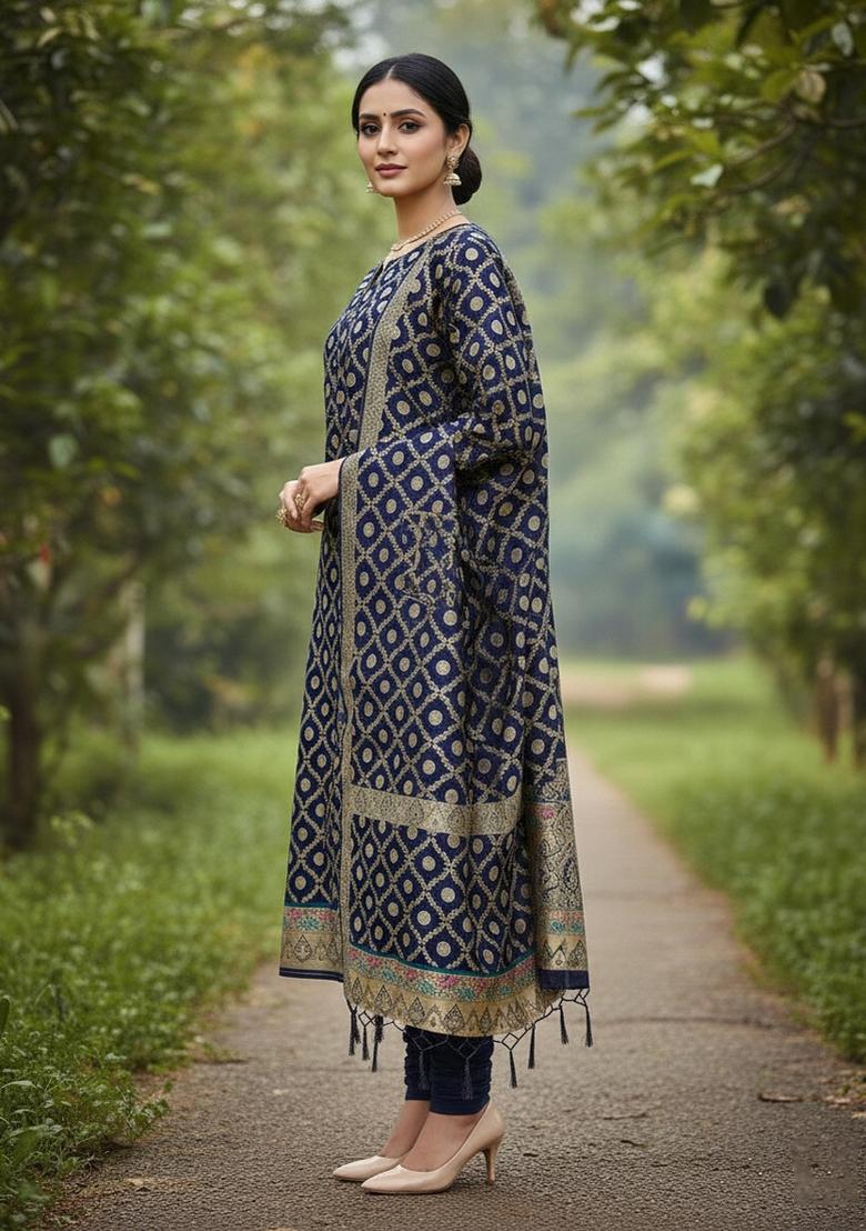 Dark Blue Zari Woven Silk Dress Material - Indya