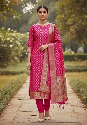 Pink Zari Woven Silk Dress Material