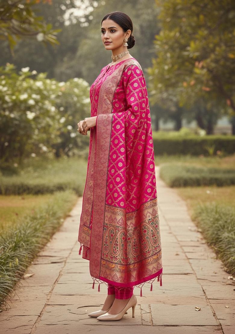 Pink Zari Woven Silk Dress Material - Indya