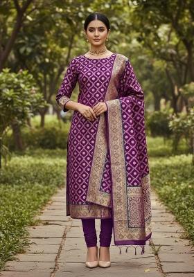 Purple Zari Woven Silk Dress Material