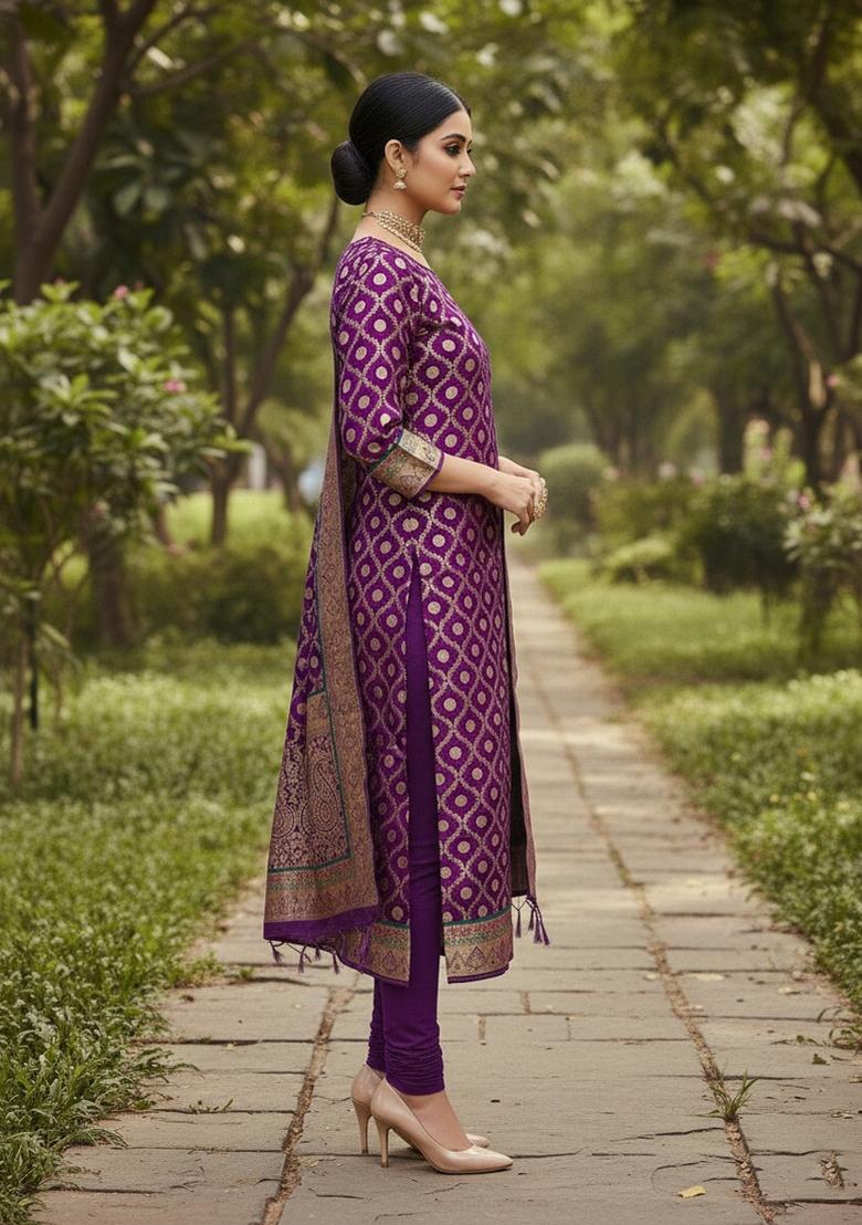 Purple Zari Woven Silk Dress Material - Indya