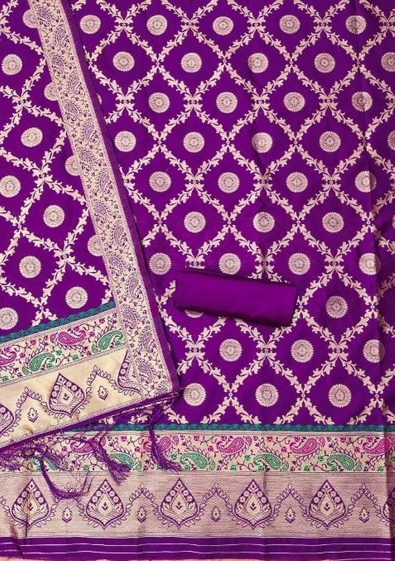 Purple Zari Woven Silk Dress Material - Indya