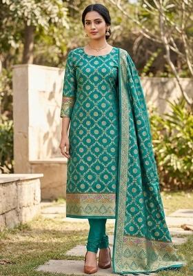 Teal Green Zari Woven Silk Dress Material