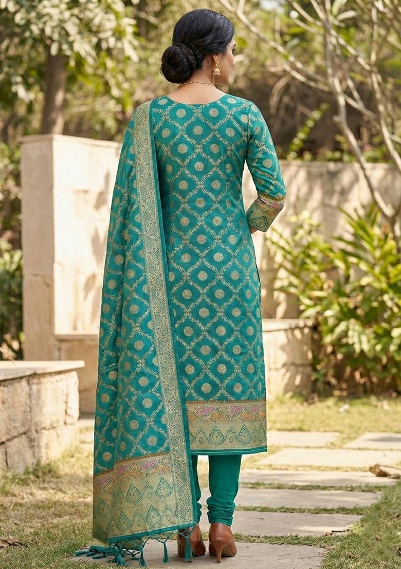 Teal Green Zari Woven Silk Dress Material - Indya