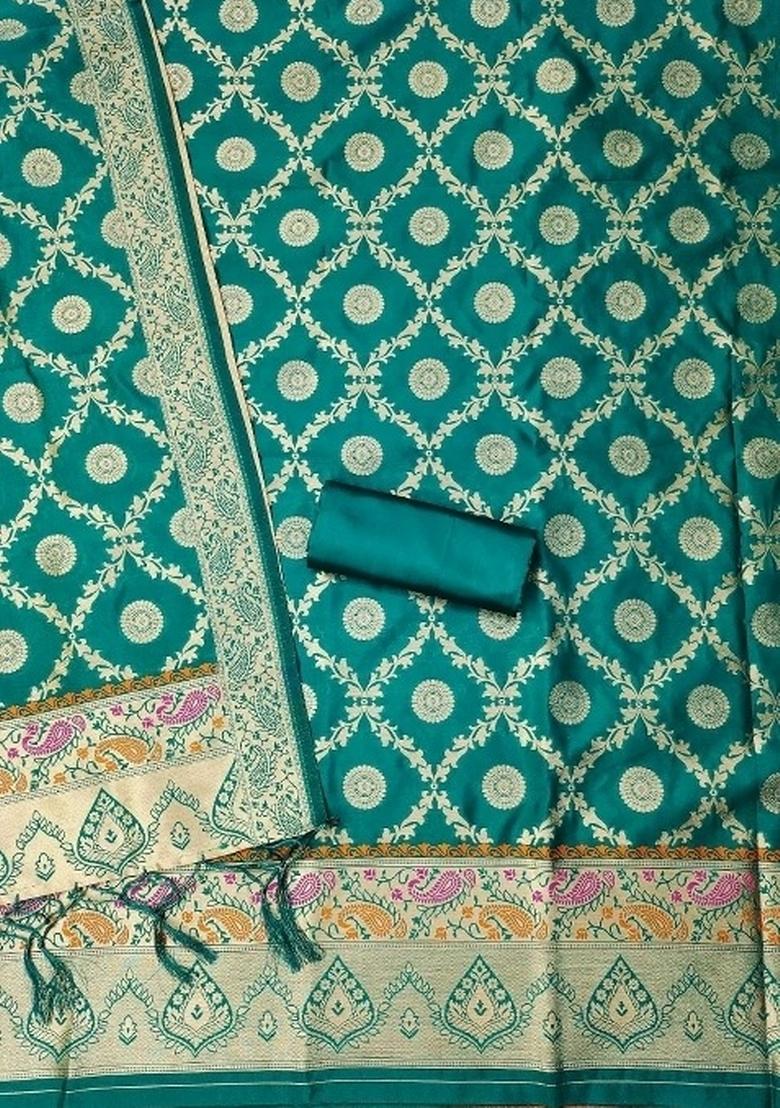 Teal Green Zari Woven Silk Dress Material - Indya