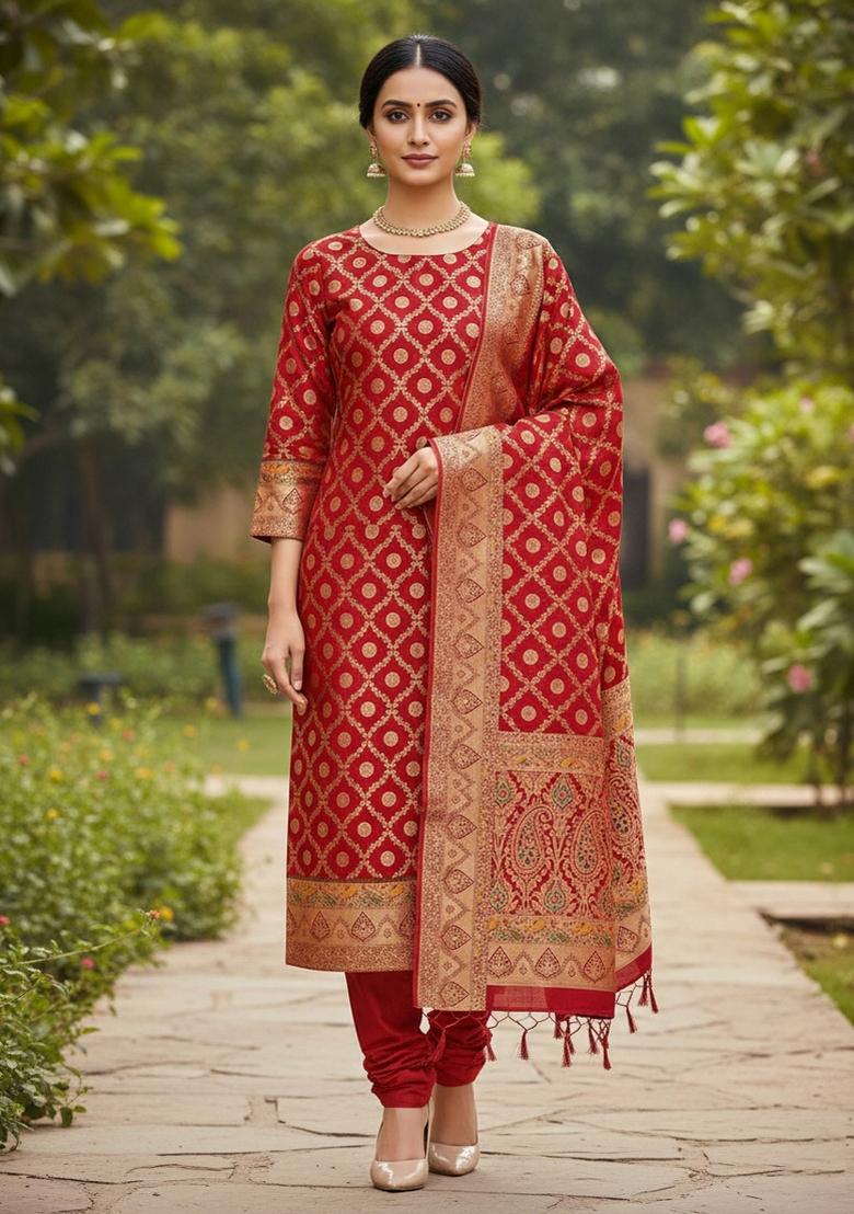 Red Zari Woven Silk Dress Material