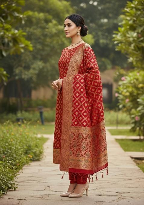 Red Zari Woven Silk Dress Material