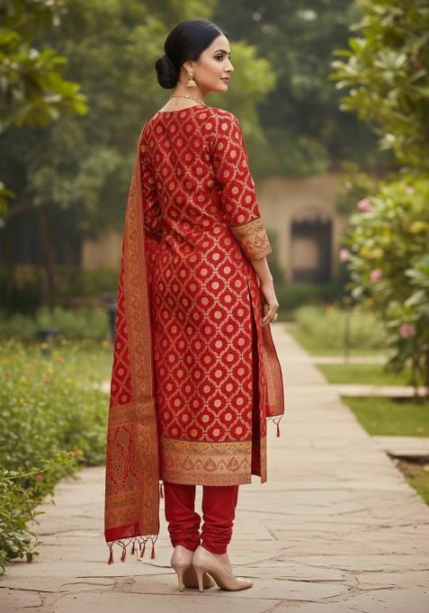 Red Zari Woven Silk Dress Material