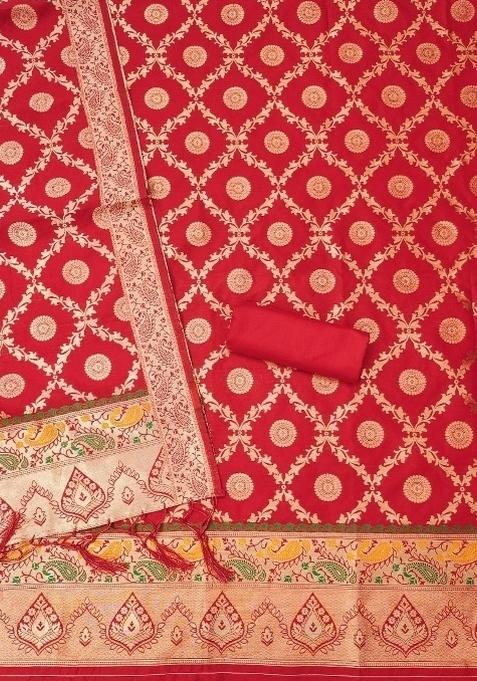 Red Zari Woven Silk Dress Material