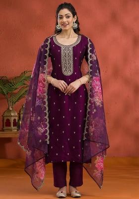 Maroon Embroidered Silk Salwar Kameez Set With Dupatta