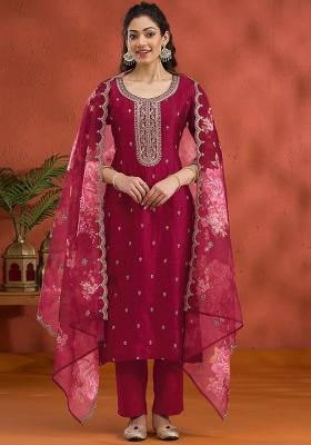 Red Embroidered Silk Salwar Kameez Set With Dupatta