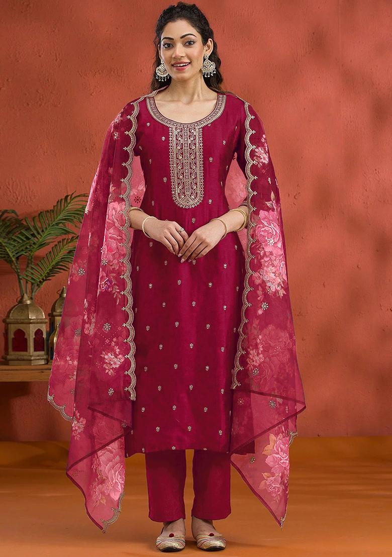 Red Embroidered Silk Salwar Kameez Set With Dupatta