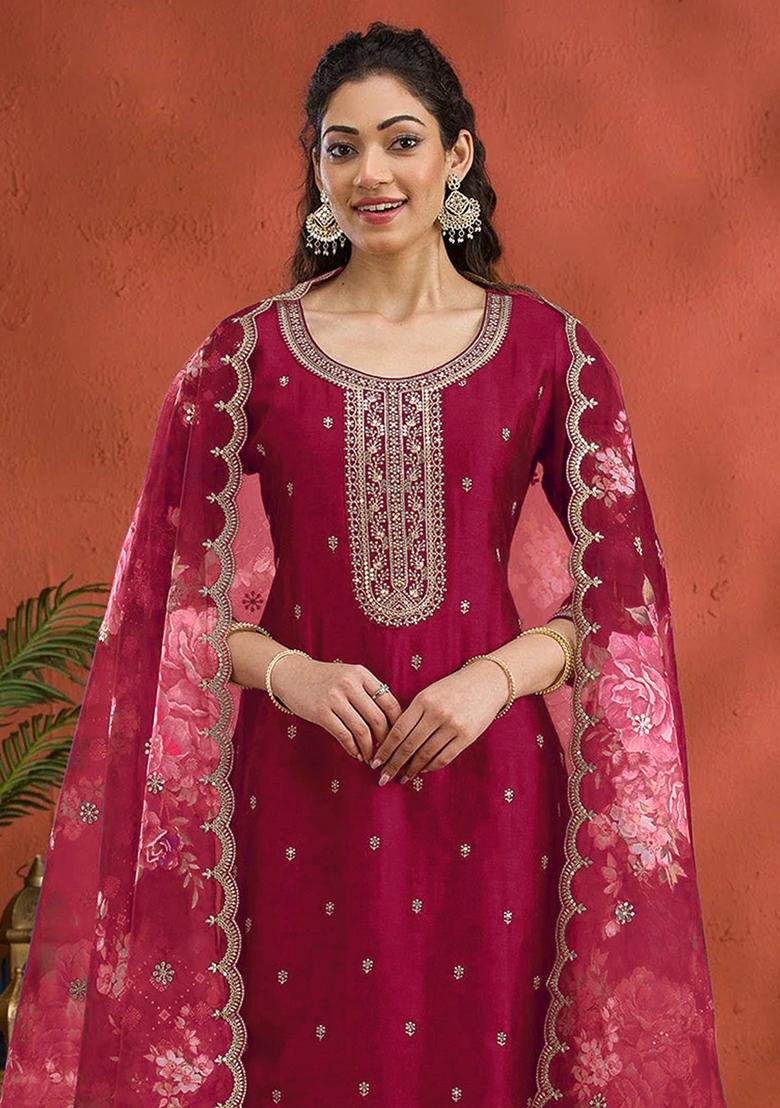 Red Embroidered Silk Salwar Kameez Set With Dupatta