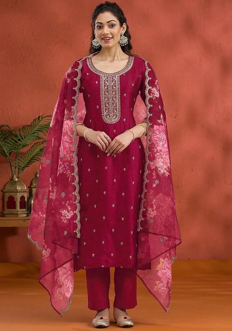 Red Embroidered Silk Salwar Kameez Set With Dupatta