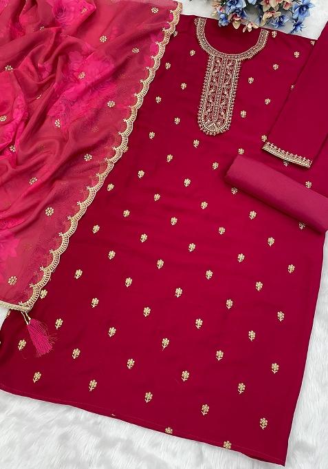 Red Embroidered Silk Salwar Kameez Set With Dupatta