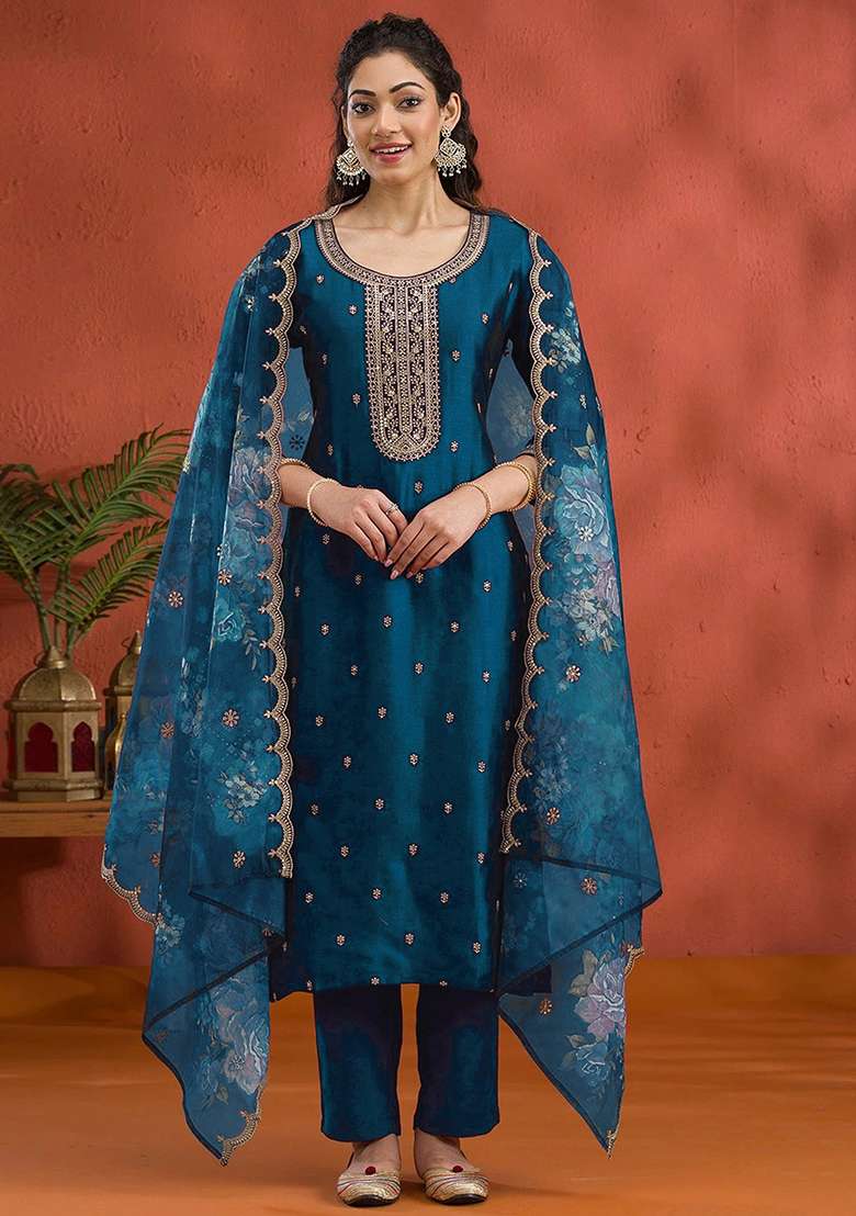 Teal Blue Embroidered Silk Blend Straight Kurta Set - Indya