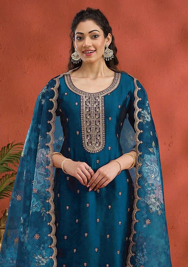 Teal Blue Embroidered Silk Blend Straight Kurta Set - Indya