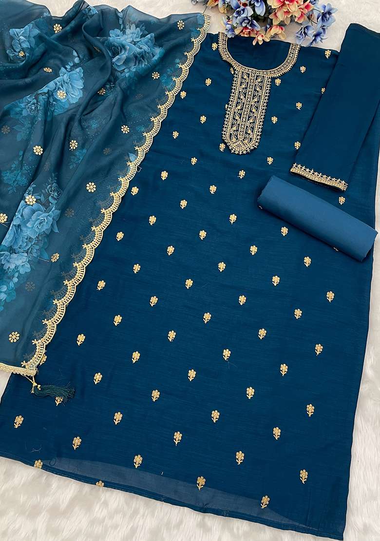 Teal Blue Embroidered Silk Blend Straight Kurta Set - Indya