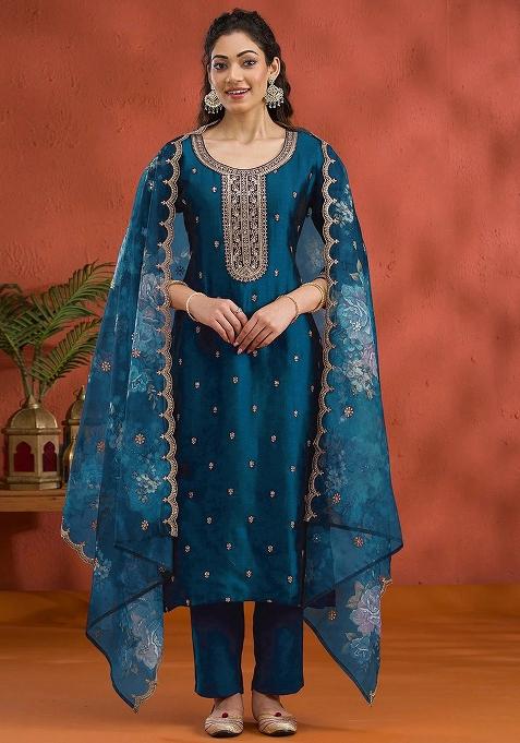 Teal Blue Embroidered Silk Straight Kurta Set