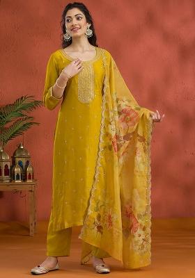 Yellow Embroidered Silk Salwar Kameez Set With Dupatta