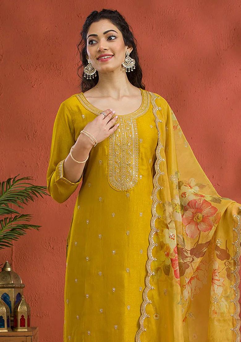 Yellow Embroidered Silk Salwar Kameez Set With Dupatta