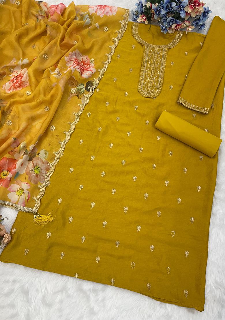 Yellow Embroidered Silk Salwar Kameez Set With Dupatta