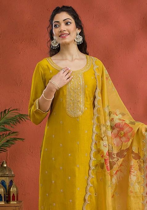 Yellow Embroidered Silk Salwar Kameez Set With Dupatta