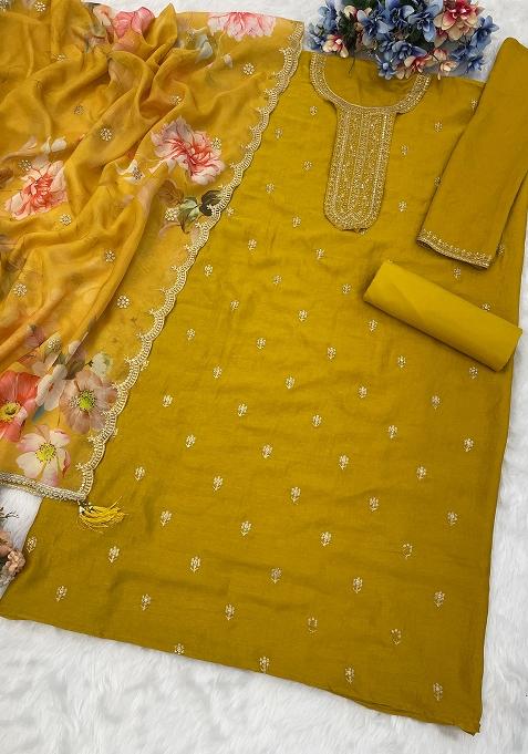 Yellow Embroidered Silk Salwar Kameez Set With Dupatta