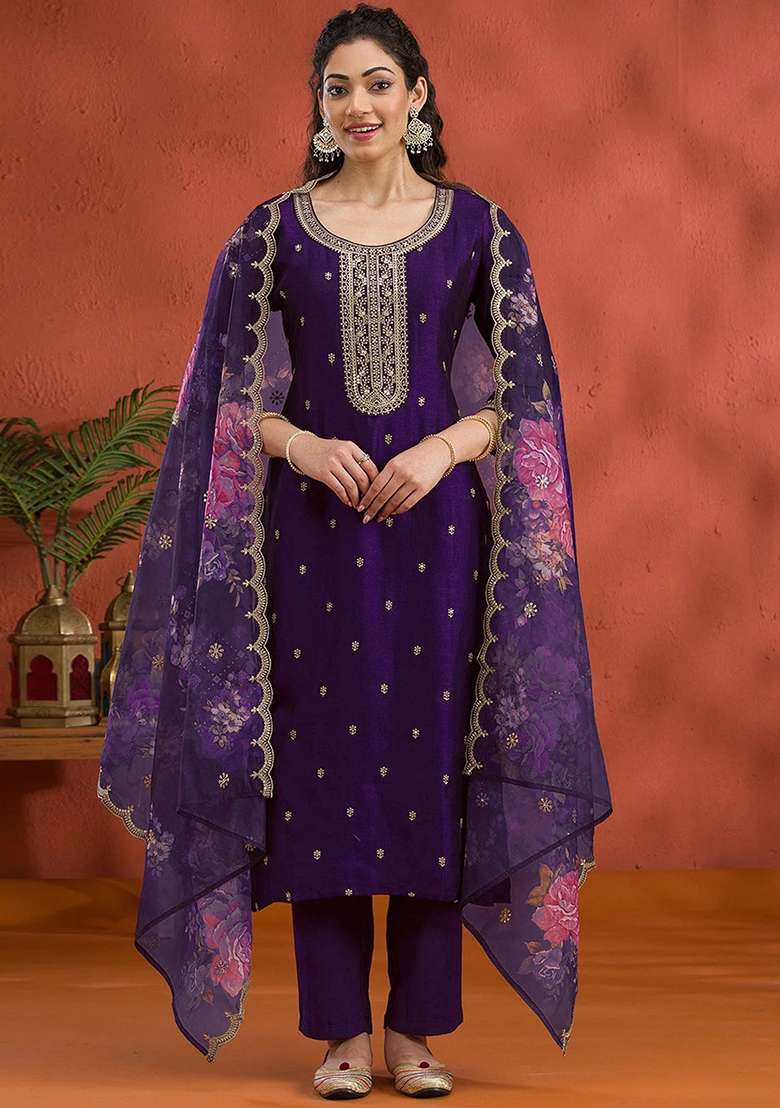 Violet Purple Embroidered Silk Salwar Kameez Set With Dupatta - Indya