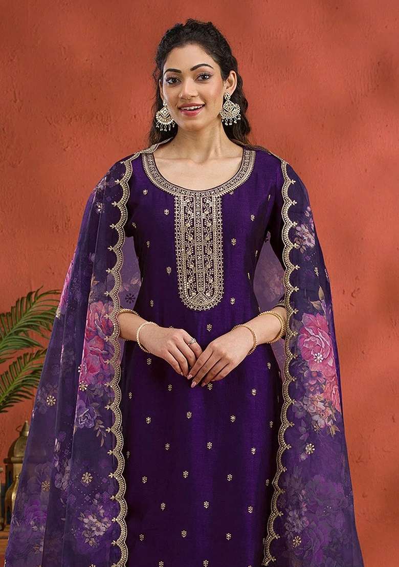 Violet Purple Embroidered Silk Salwar Kameez Set With Dupatta - Indya