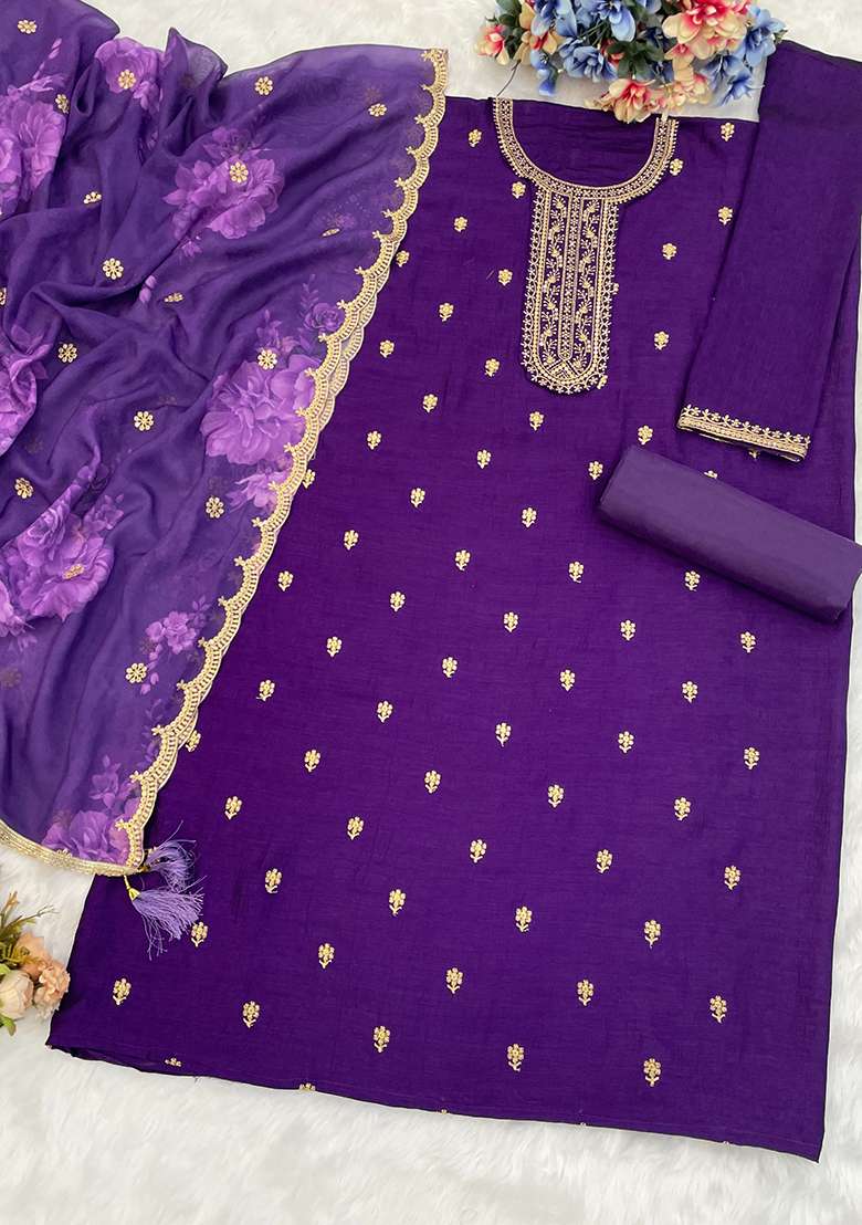 Violet Purple Embroidered Silk Salwar Kameez Set With Dupatta - Indya