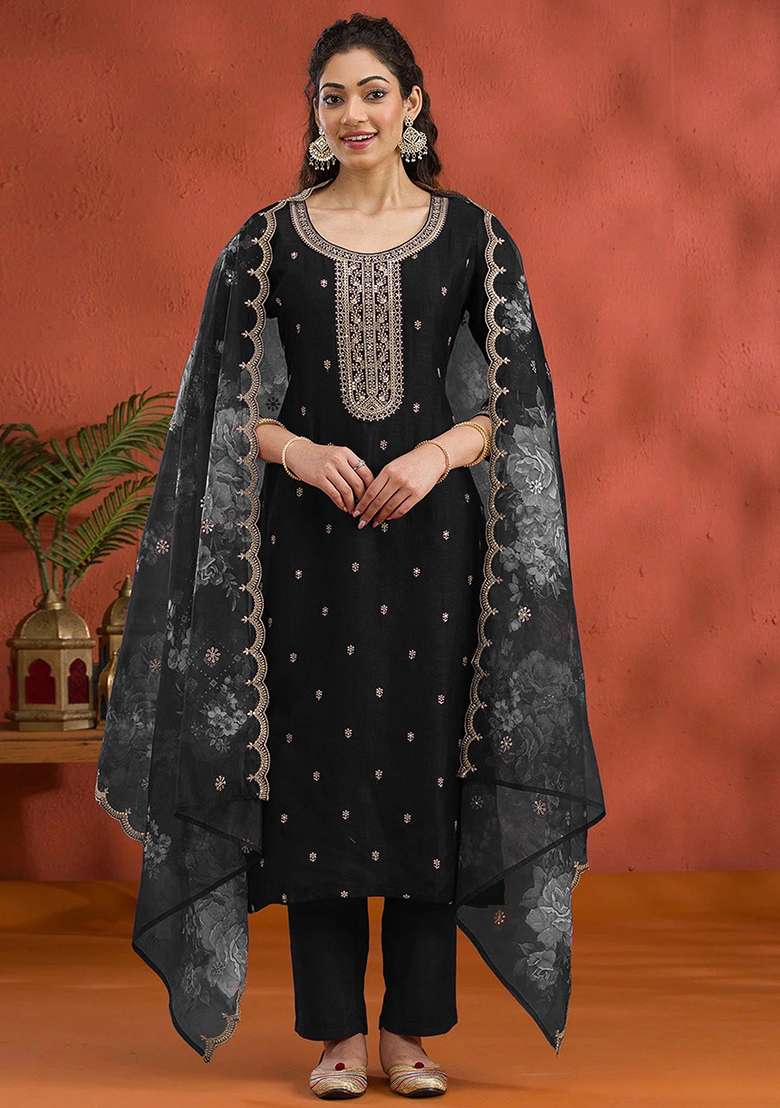 Black Embroidered Silk Blend Straight Kurta Set - Indya