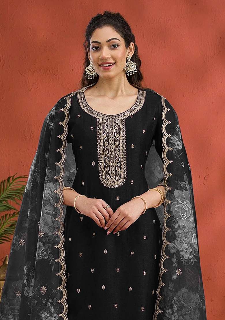 Black Embroidered Silk Blend Straight Kurta Set - Indya