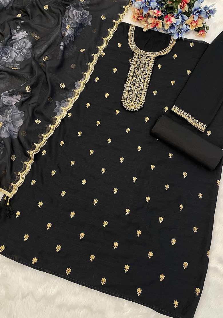 Black Embroidered Silk Blend Straight Kurta Set - Indya