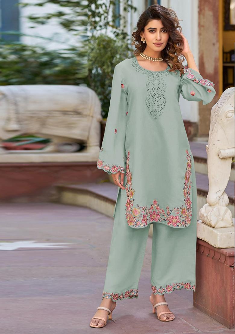 Beige Embroidered Cotton Salwar Kameez