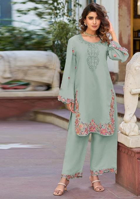Beige Embroidered Cotton Salwar Kameez