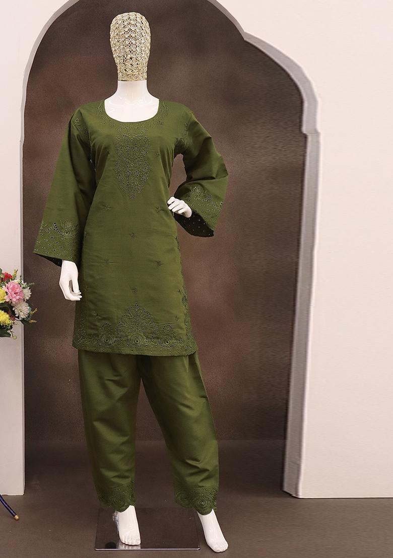 Beige Embroidered Cotton Salwar Kameez