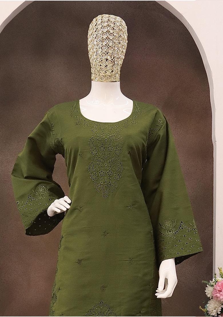 Beige Embroidered Cotton Salwar Kameez