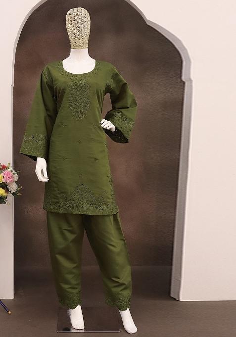 Beige Embroidered Cotton Salwar Kameez