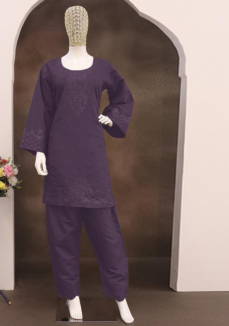 Beige Embroidered Cotton Salwar Kameez