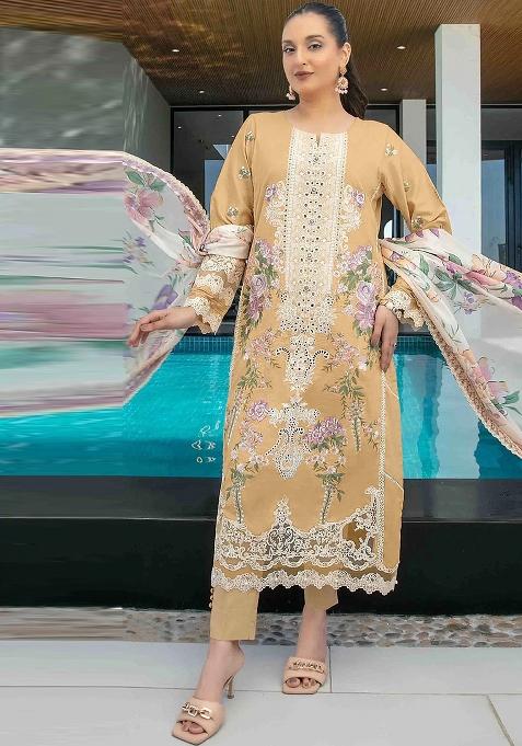 Beige Embroidered Cambric Salwar Kameez Set With Dupatta