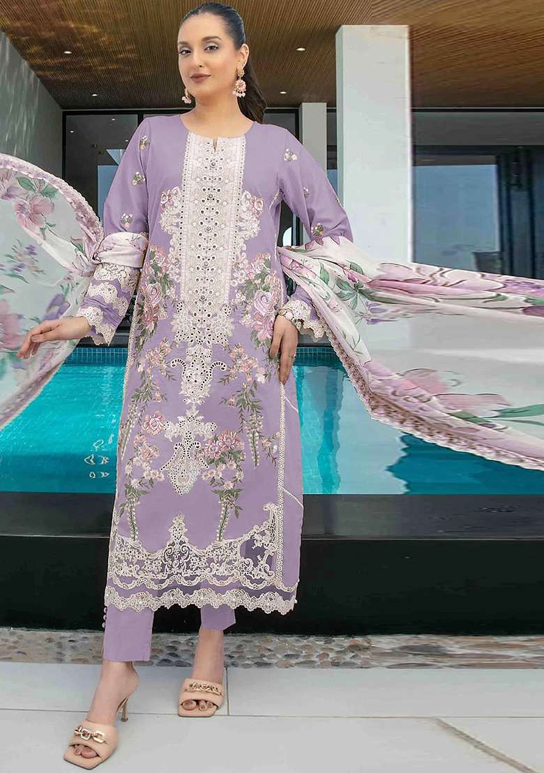 Beige Embroidered Cambric Salwar Kameez Set With Dupatta - Indya