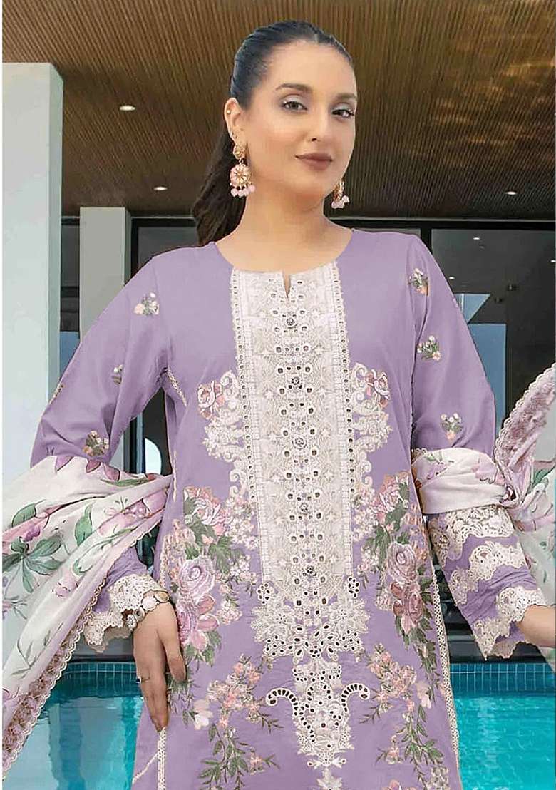 Beige Embroidered Cambric Salwar Kameez Set With Dupatta - Indya
