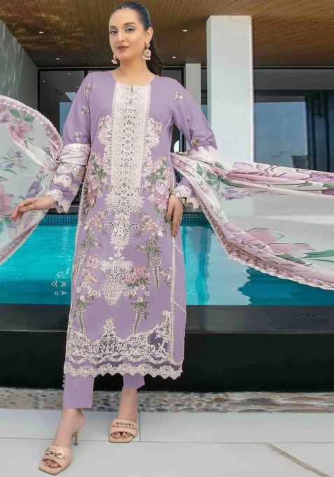 Beige Embroidered Cambric Salwar Kameez Set With Dupatta