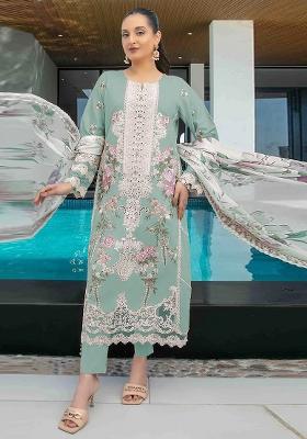 Beige Embroidered Cambric Salwar Kameez Set With Dupatta