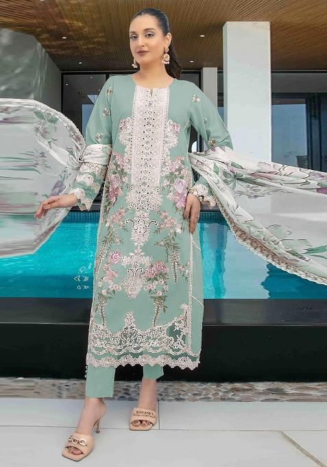 Beige Embroidered Cambric Salwar Kameez Set With Dupatta