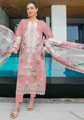 Beige Embroidered Cambric Salwar Kameez Set With Dupatta